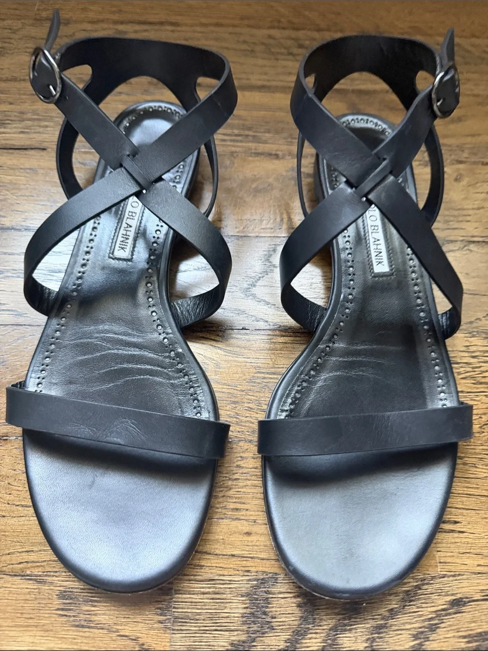 Manolo Blahnik Black Leather Cross-Strap Sandals - Picture 2 of 4